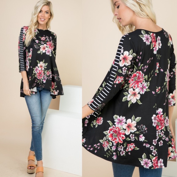 Black Floral 3/4 Sleeve Plus Soft Pocket Tunic! - Picture 12 of 16